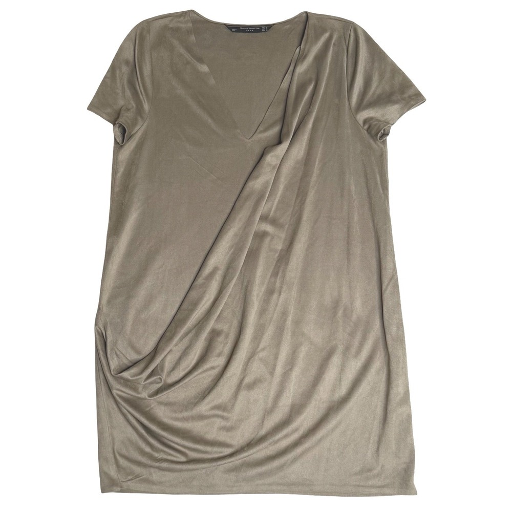 Zara Trafaluc Faux Suede Draped Front V-Neck Shift Dress Olive Green Women Sz M‎